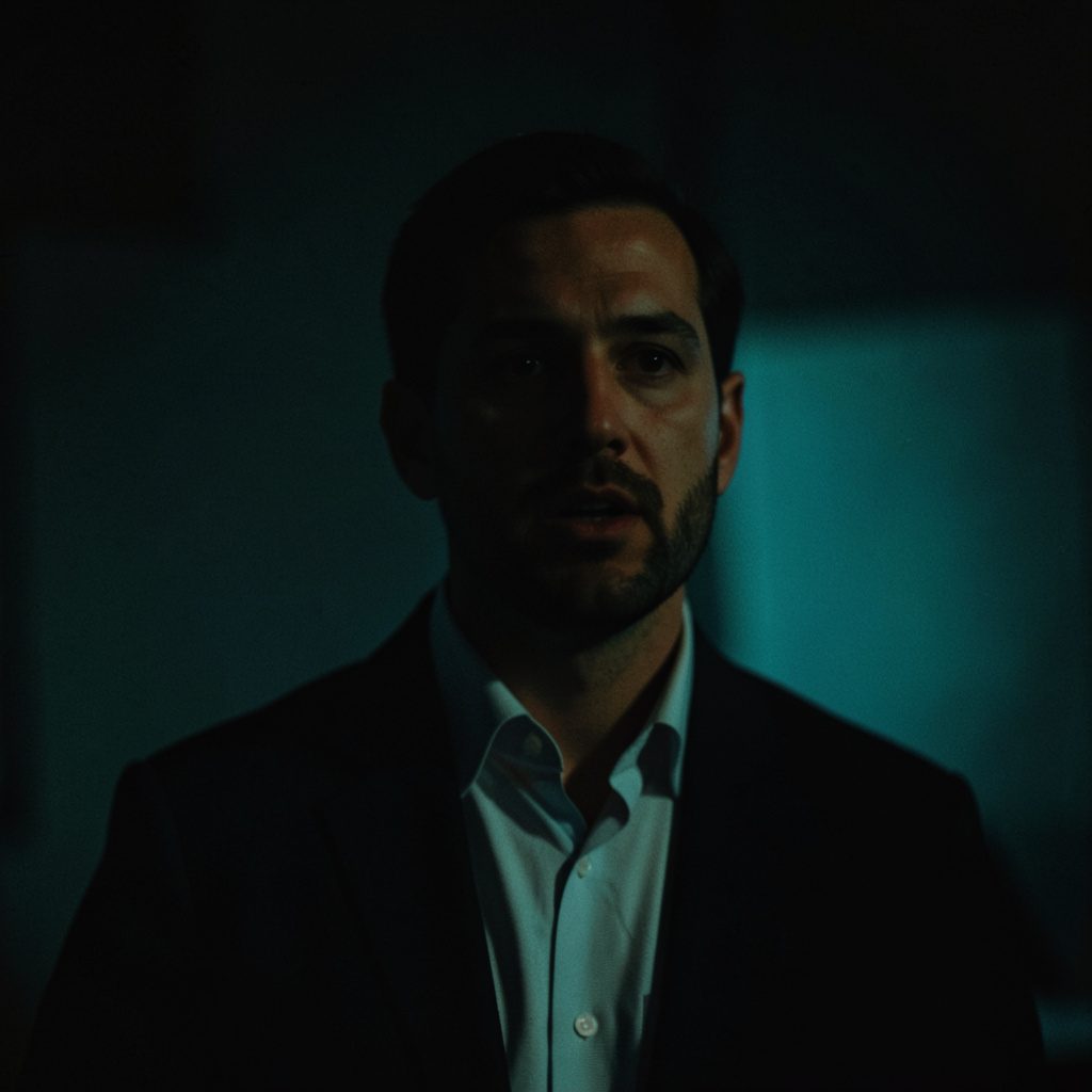 Dark, low-key portrait-style photo with deep shadow and muted teal-green tones, evoking a professional conference speaker setting